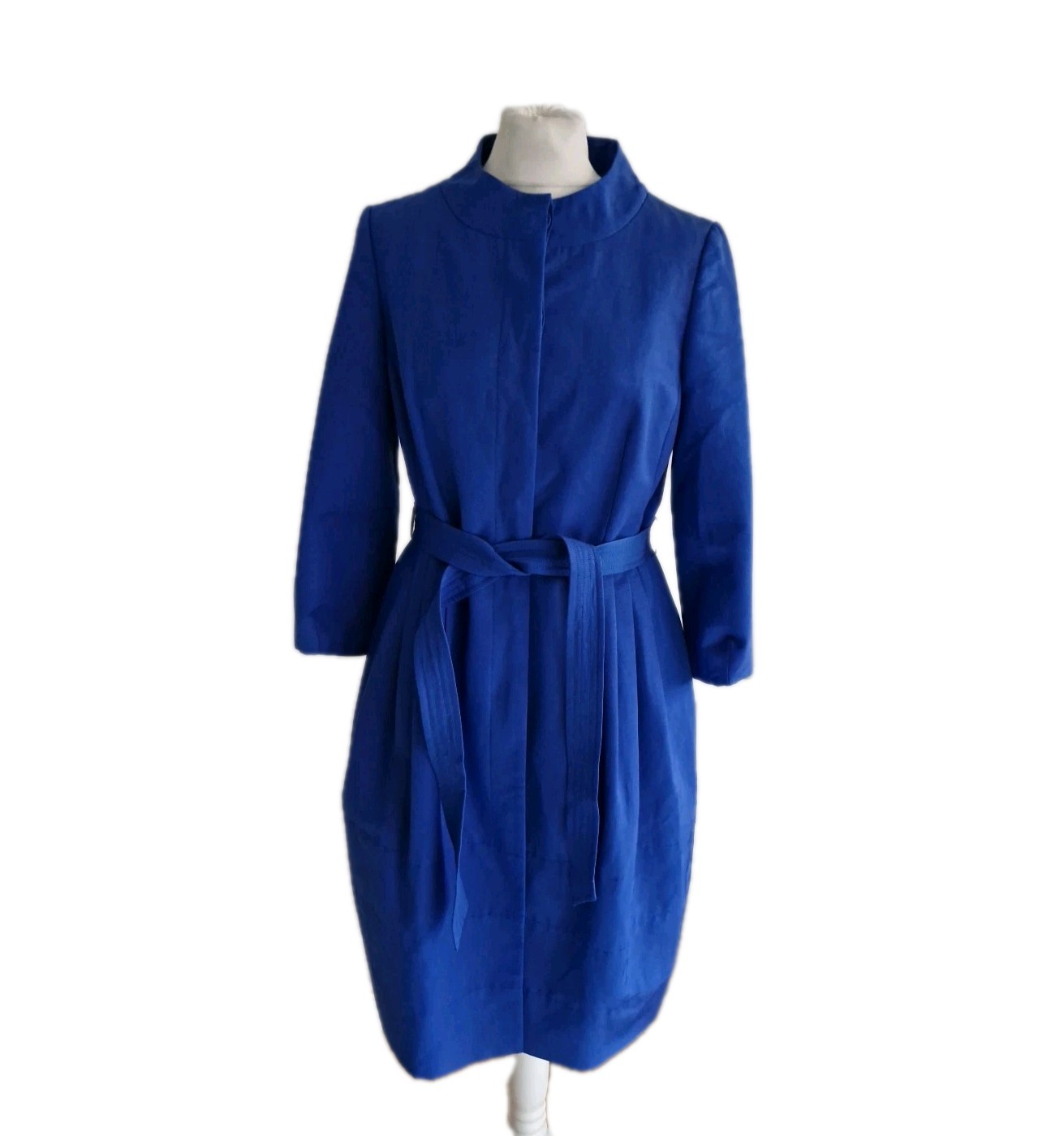 Coast Women Trenchcoat Jacket Blue Pleated Belted Collarless Pockets. Size UK 12