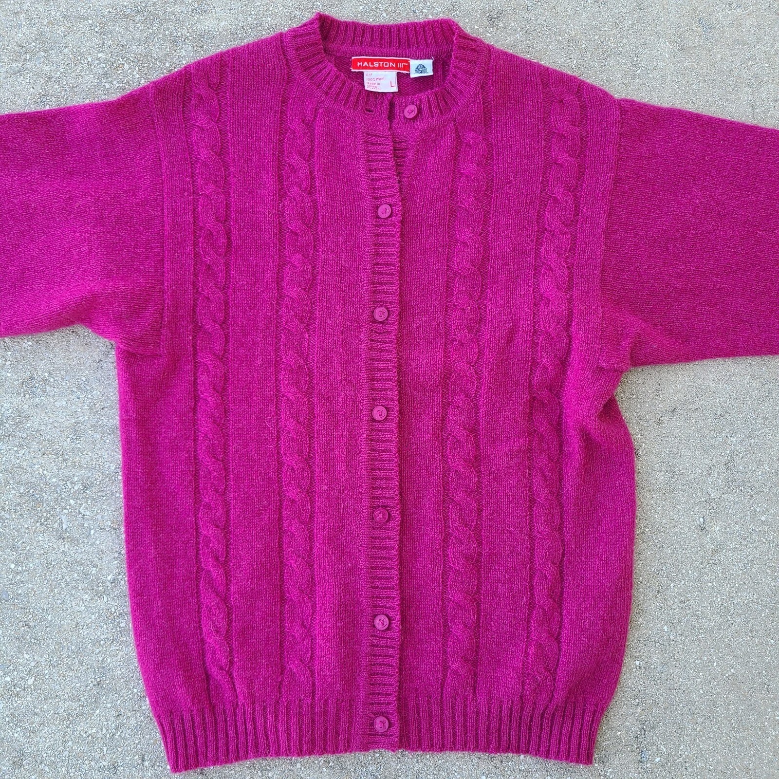 Halston III 100% wool Cardigan Sweater Women’s L Raspberry Red Vintage 1990’s