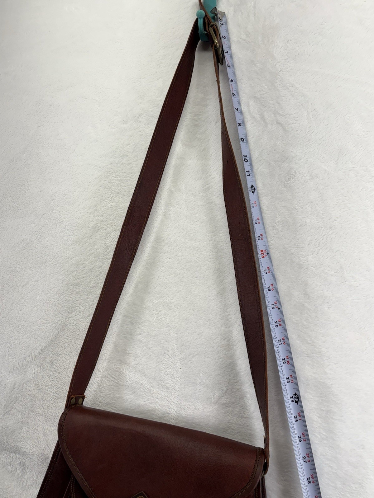 Brown Leather Solid Crossbody Saddle Bag Brass Hardware Buckle/Snap Green Lined