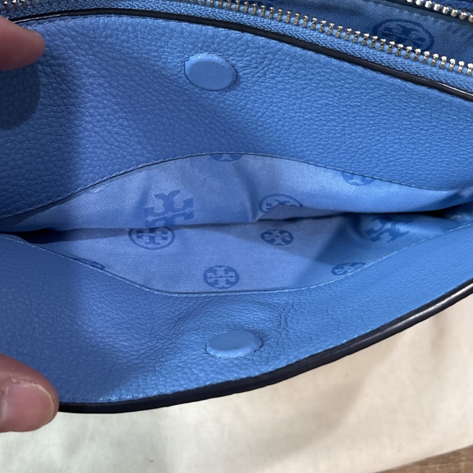 Tory Burch Light Blue Pebbled Leather Crossbody Tassel Logo