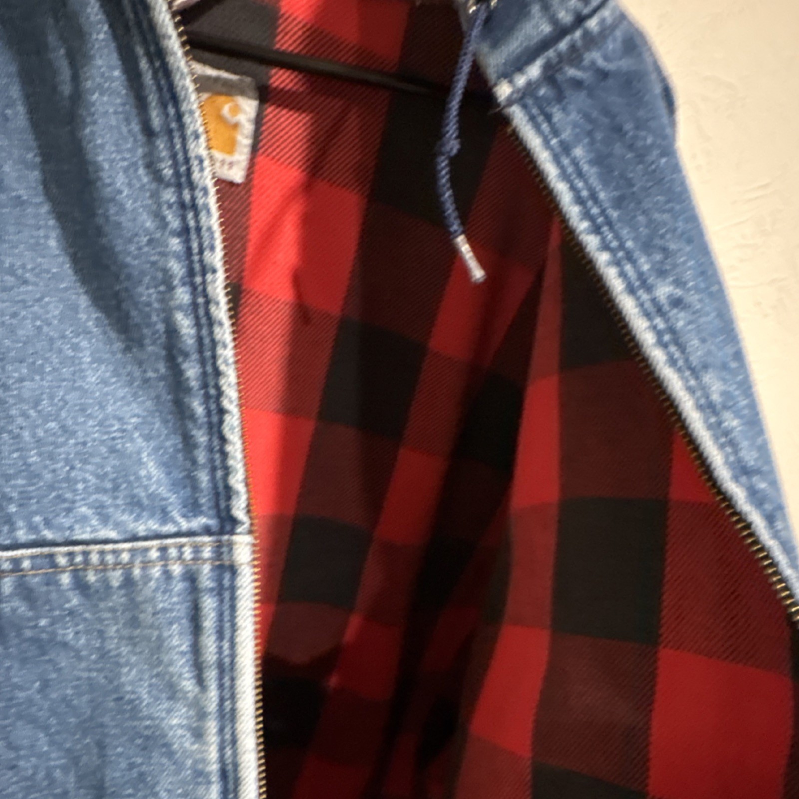 Vintage Carhartt 100 Years 1889-1989 1980s Blue Denim Hooded Jacket Plaid Lining