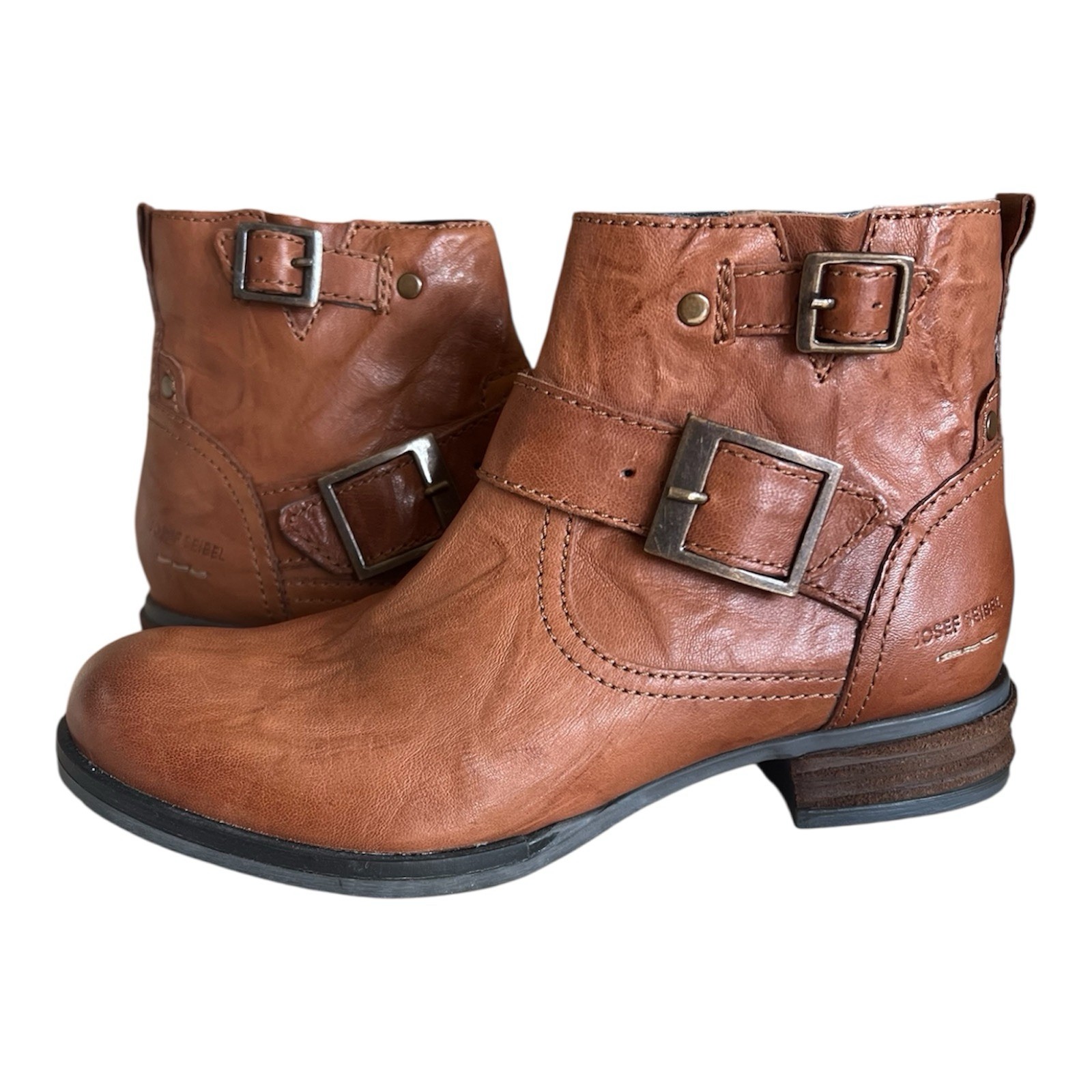 Josef Seibel Sanja 16 Buckle Leather Cognac/Brown Ankle Booties EU36, 37, 40 NEW