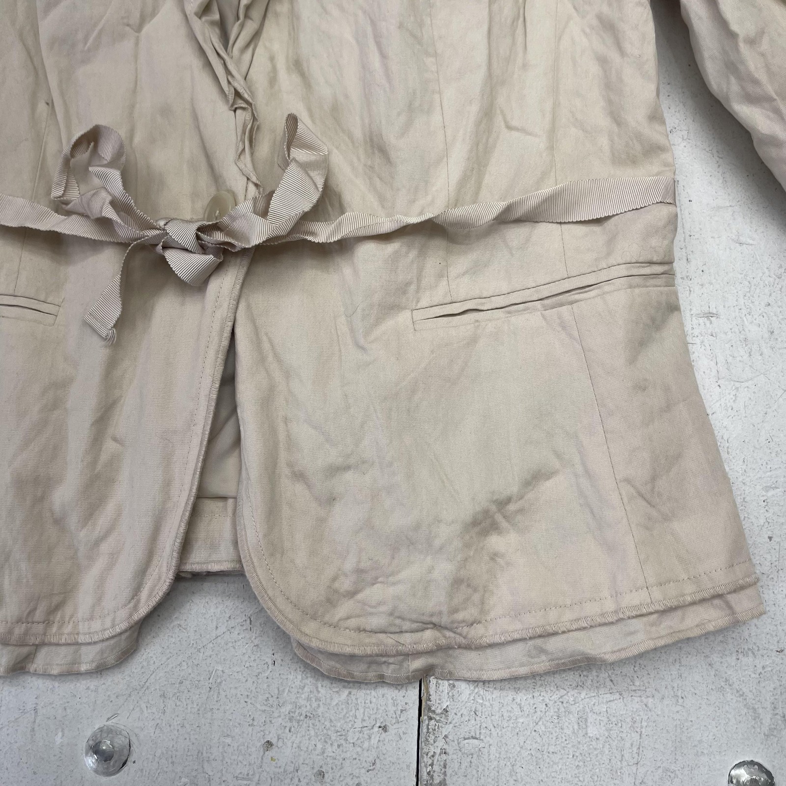 LOFT Blazer Jacket Womens 14 Beige Collarless Belted Tie Waist Lined Lightweight