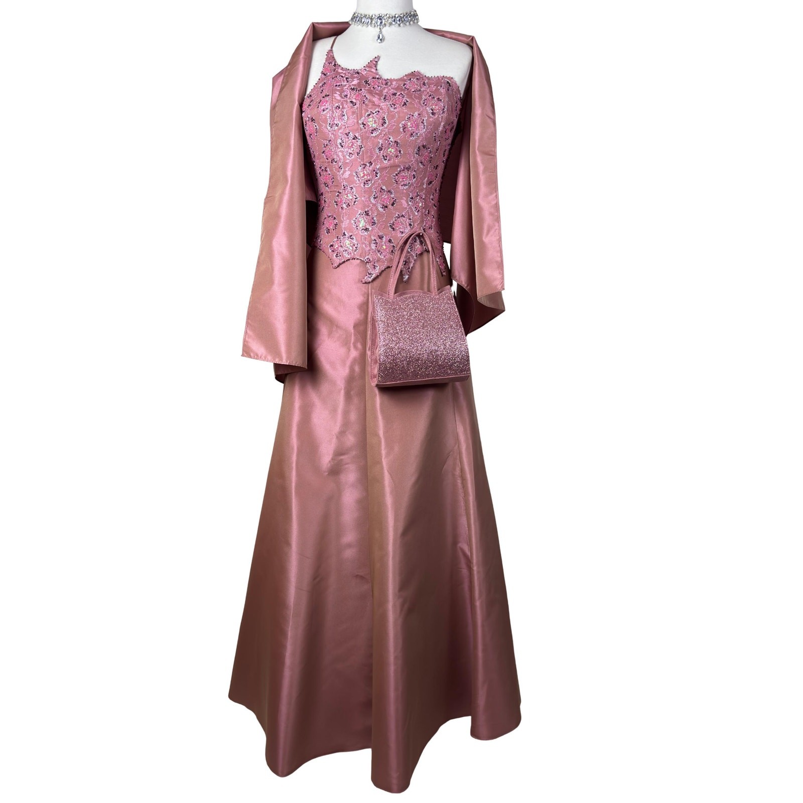 Vintage Pink Corset Prom Dress Set: Y2K Prom Gown Satin Gown, Glitter Bustier