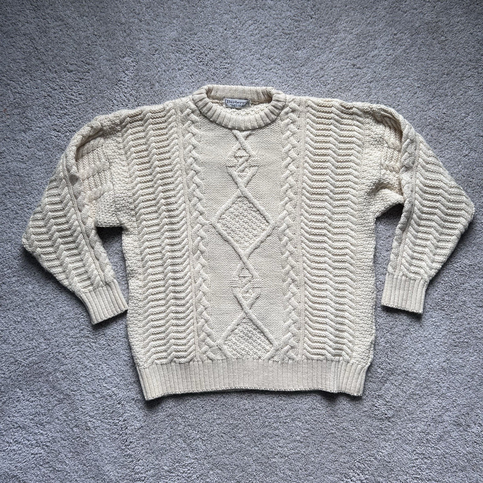 Vintage Burberrys Cable Knit Wool Crewneck Sweater Jumper Made In England Large