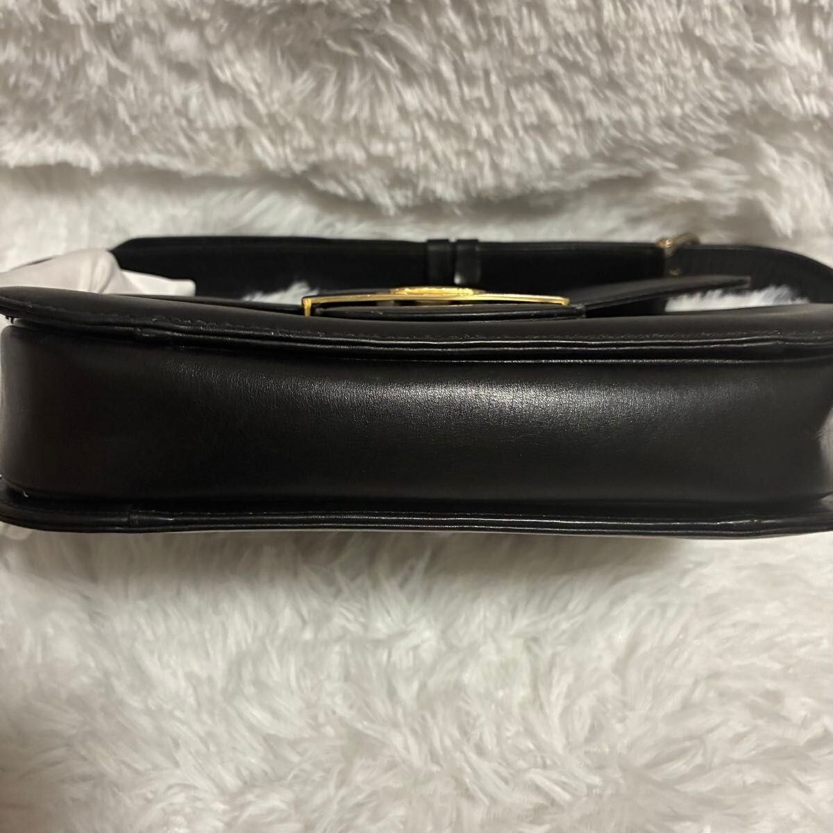 CELINE Black Leather Horse Carriage Buckle Shoulder Bag Gold Italy 22cm