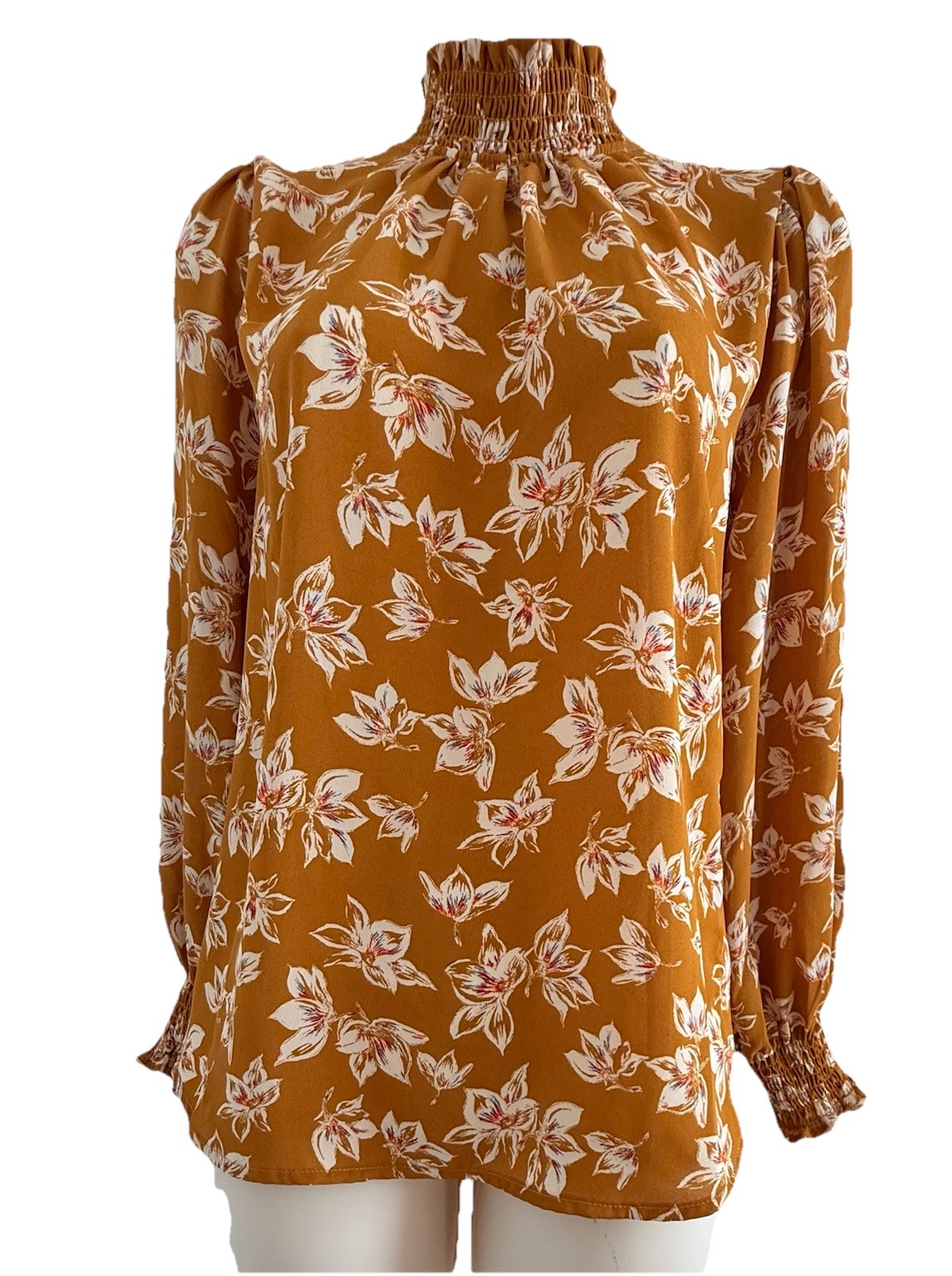 Pleione Floral Blouse Medium Rust Orange Smocked Neck Long Sleeve NWT