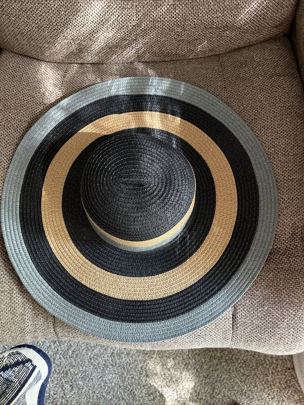 Rampage Black, Blue & Beige Paper Straw Wide Brim Lovely Hat Women/ Beach EUC
