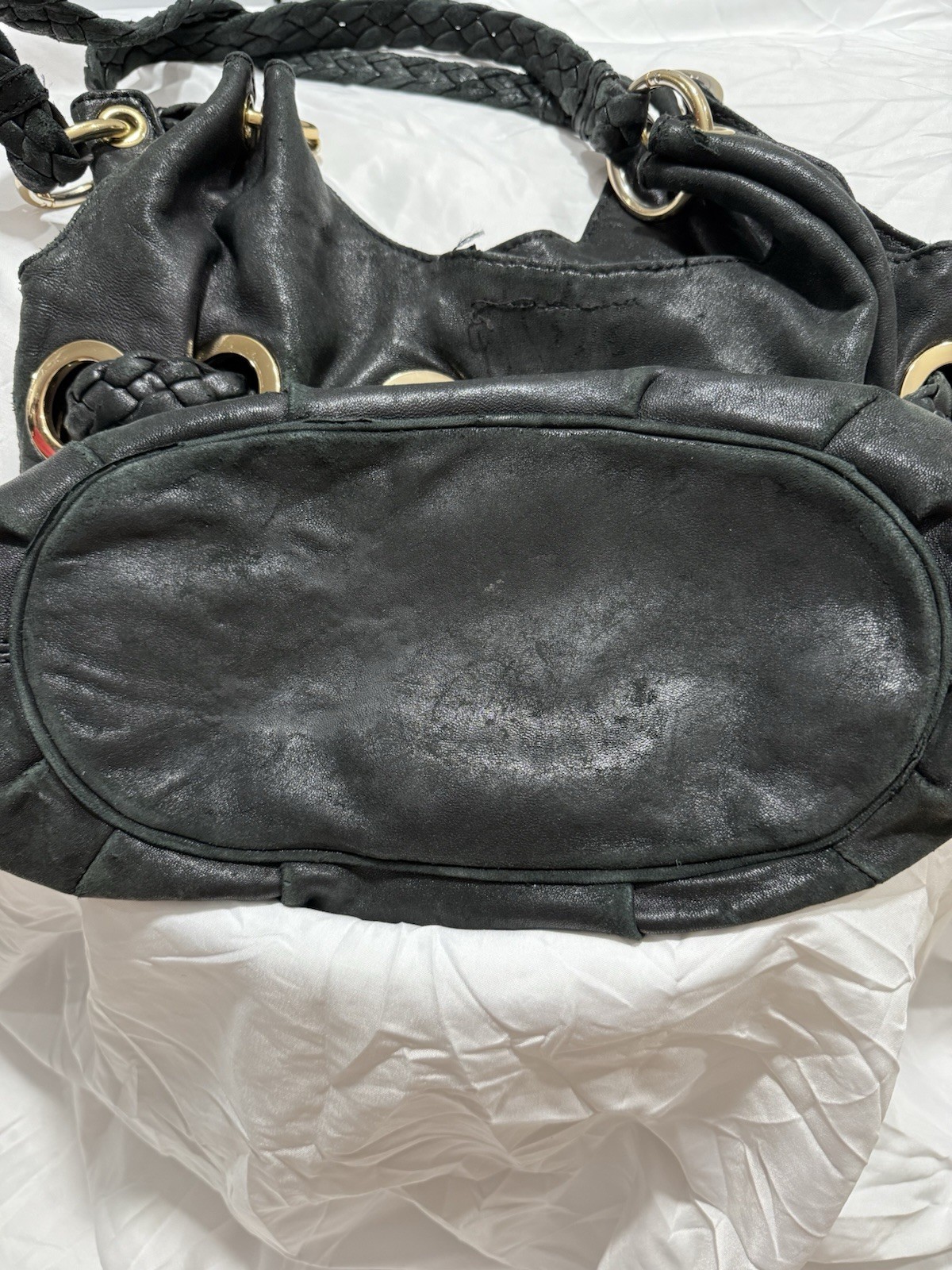 Michael Kors Black Shoulder Bag Braided Strap Gold Grommets Tassel Charm