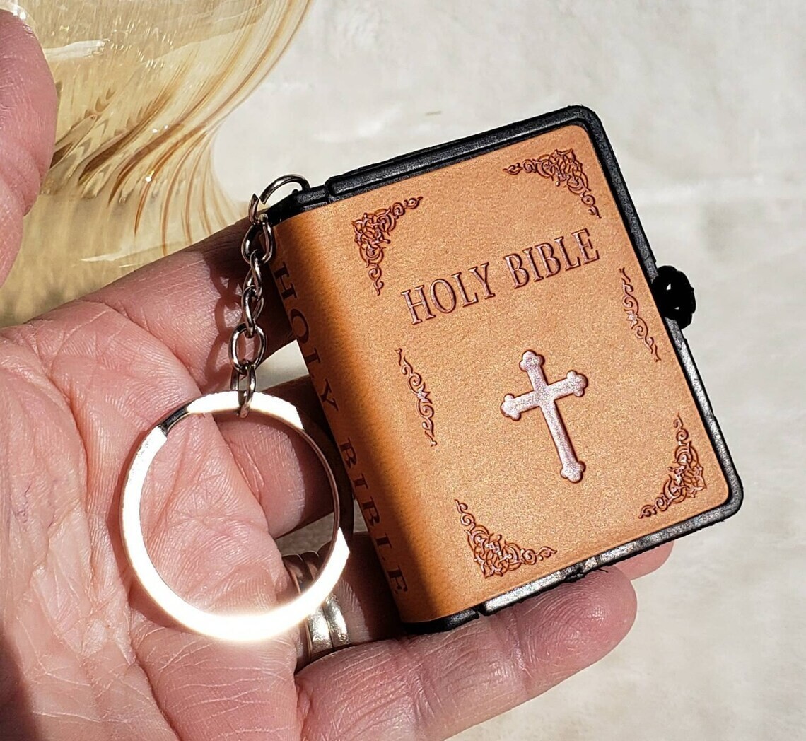 Leather Mini Bible Keychain, Orange Cover w/ Keyring, Jesus, Church, Christian