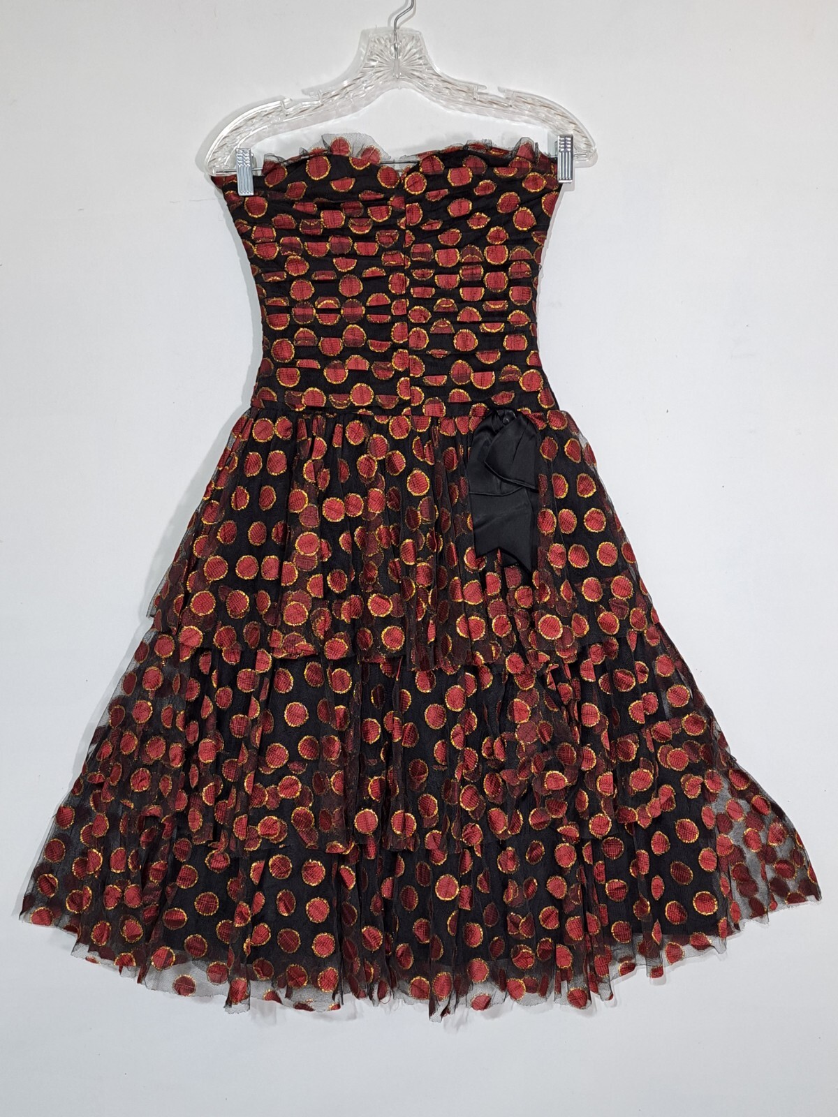 Vintage Bellville Sassoon Strapless Party Dress Ruched Tiered Skirt XS Metallic