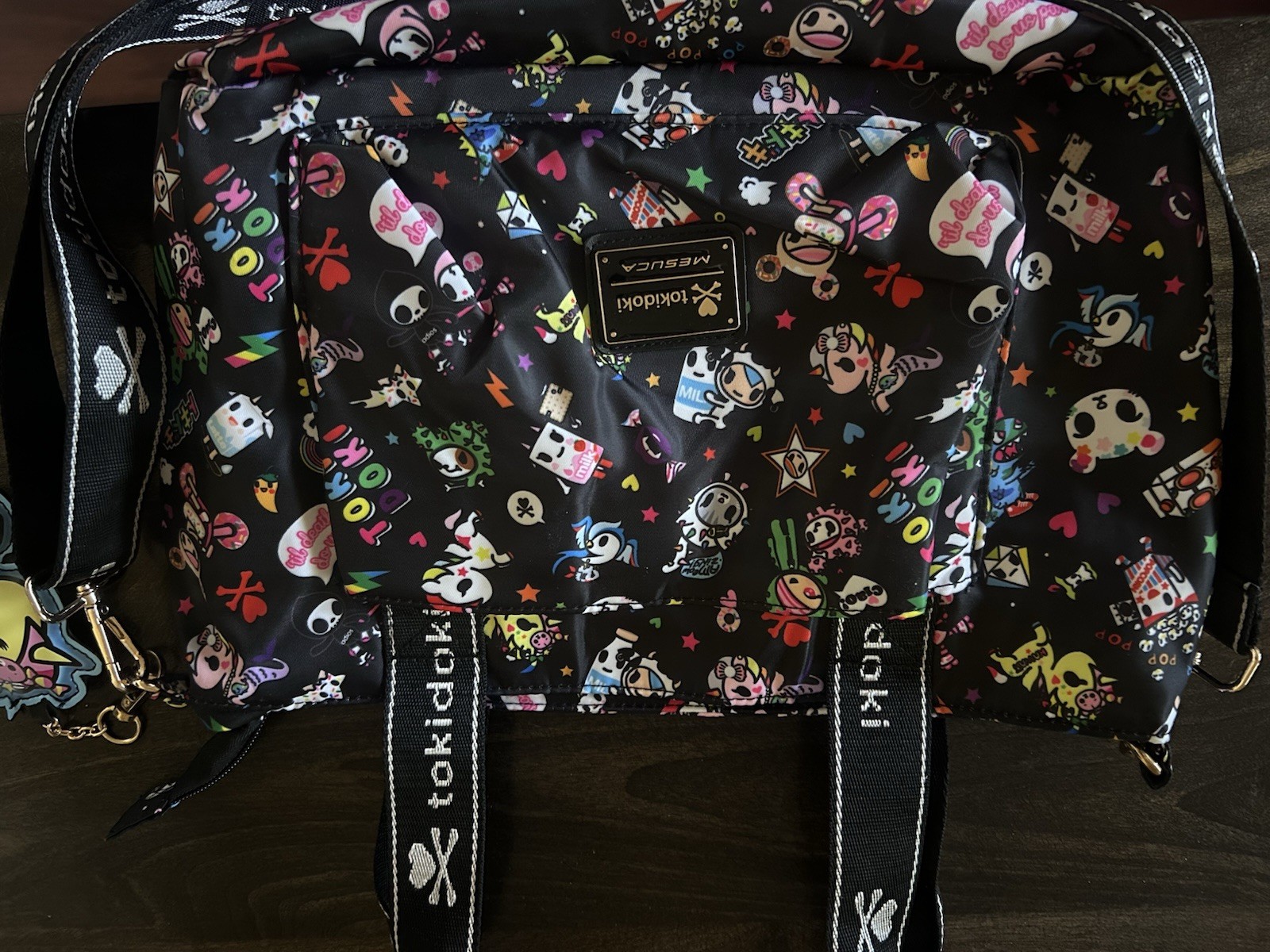 tokidoki Large Tote Bag Black/Multicolor Graphic Print Zip, Strap & Charm
