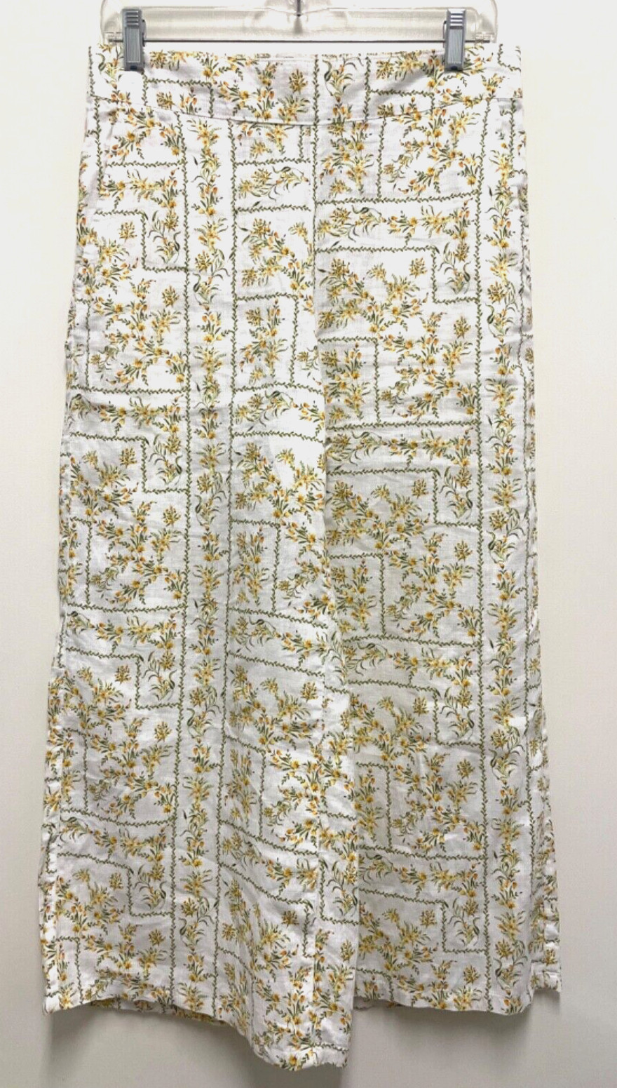 JOIE LINEN PANTS-White, Full Leg, Elastic Back Waistband, Green/Yellow Floral, M