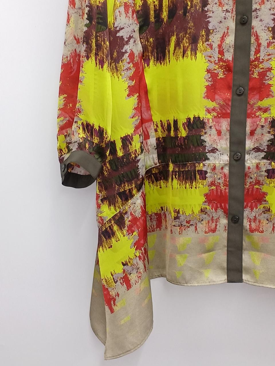 Gradient Check Satin Long Shirt Yellow M 75cm Style Casual Office