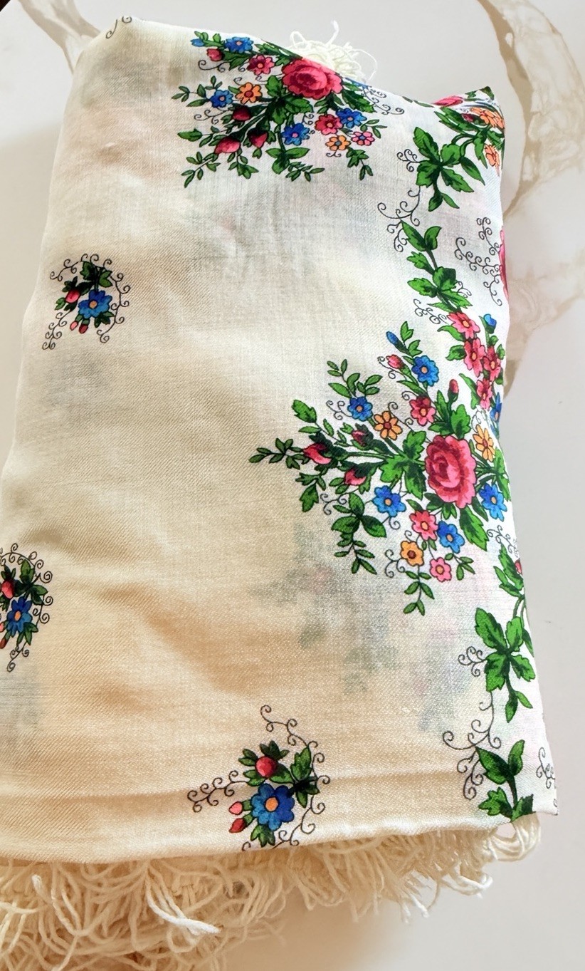 Pavlovo Posad 56×56 Wool Shawl: Ivory Pink Blue Rose Floral Fringe Wrap Russian
