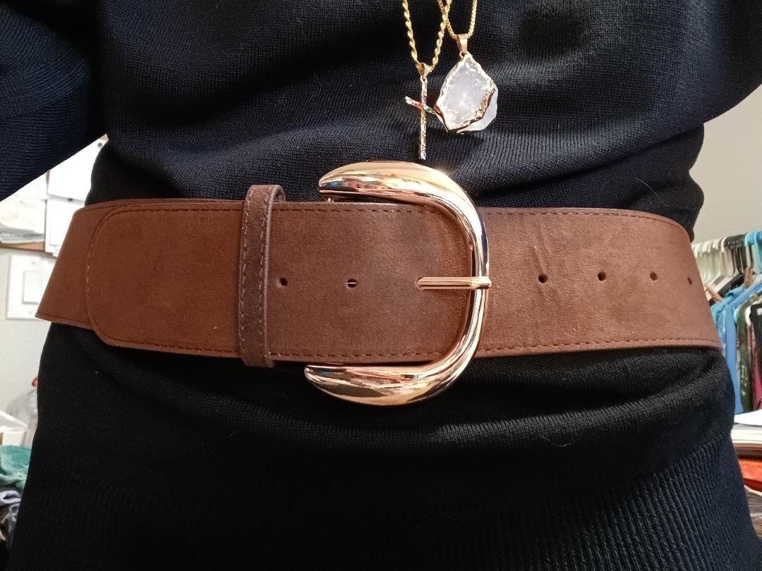WOMEN BROWN MATTE SUEDE BELT GOLDEN BUCKLE Size M belt length is 43 in NEW