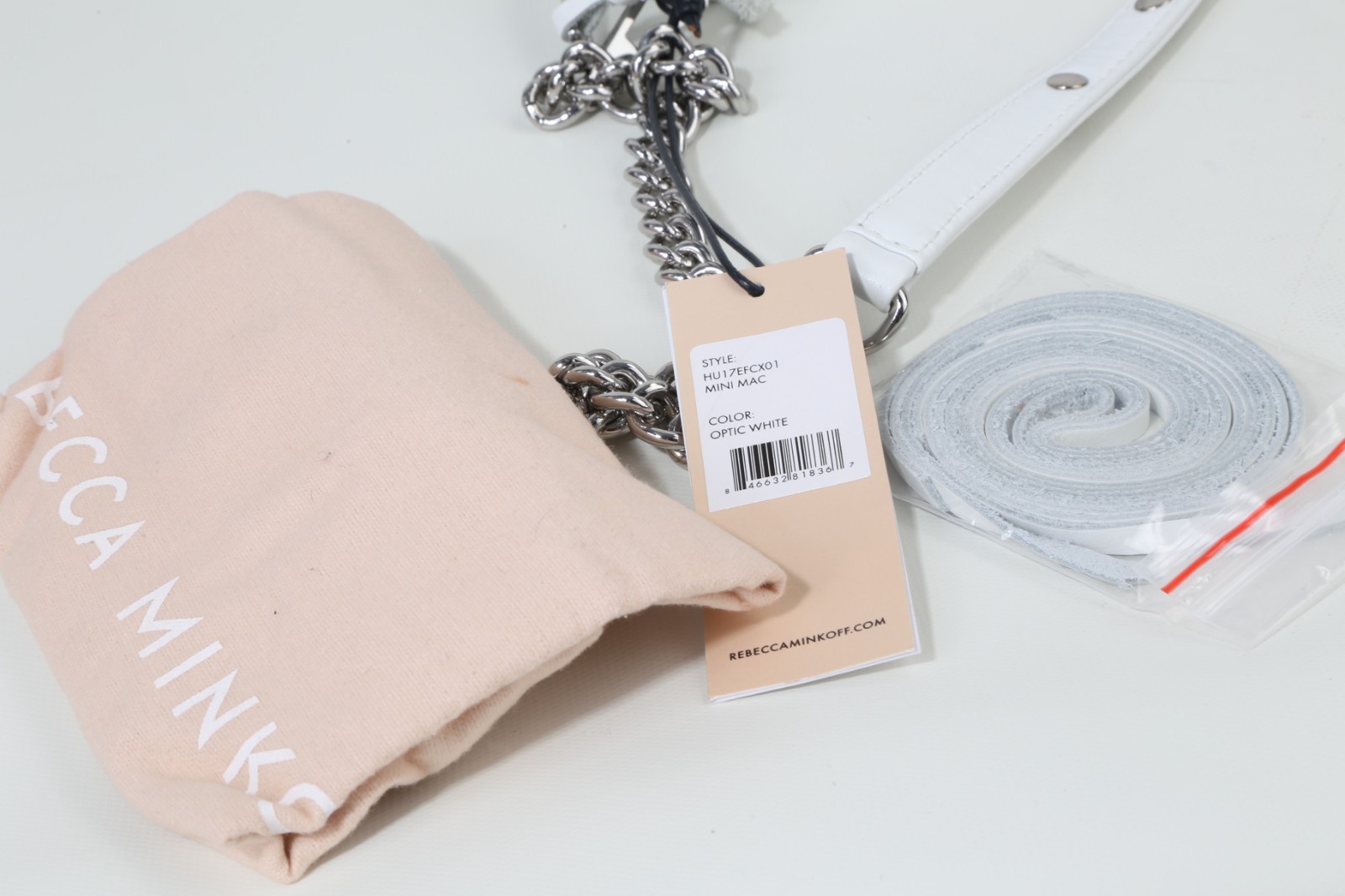 Rebecca Minkoff Mini MAC White Leather Crossbody Bag Silver Chain Dog Clip Purse