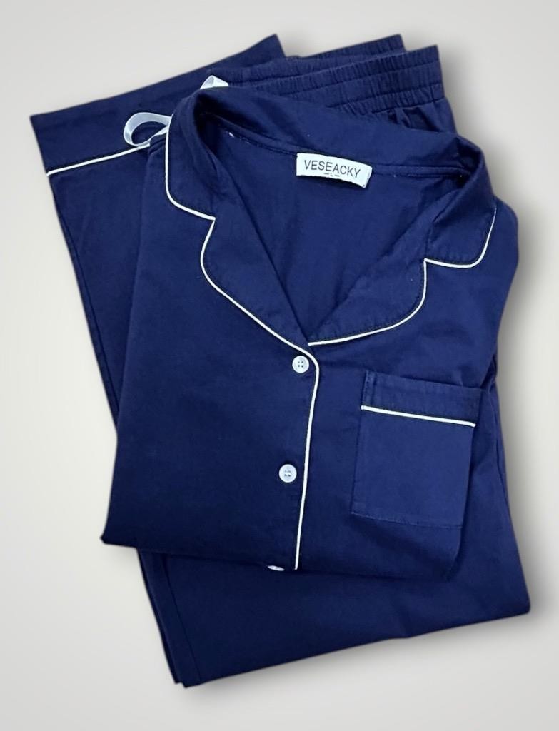 Womens L Pajama Set Navy Blue White 100% Cotton Knit Large Veseacky