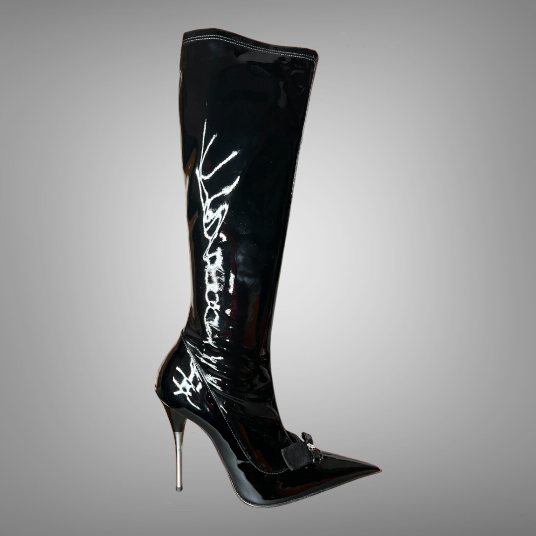 Icone Made in Italy Black Patent Synthetic Eco Leather Boots Heel Shoes EU 40