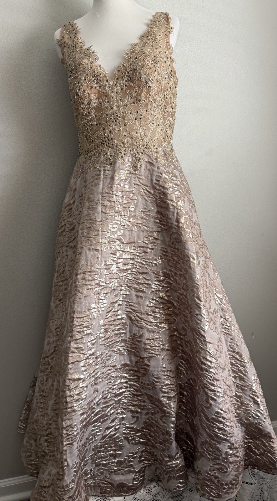 Cecilia Couture Champagne Gold Brocade Ball Gown Beaded Formal Dress 12