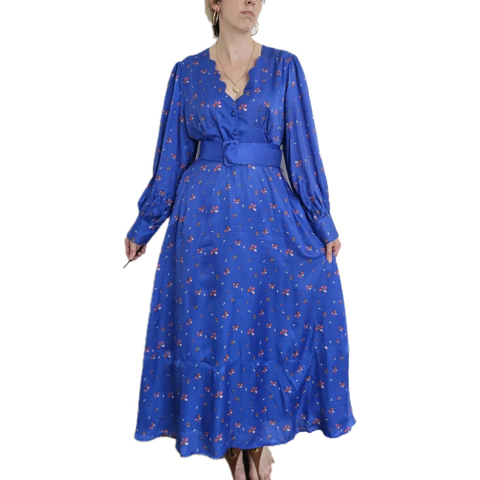 Olivia Rubin Katya Blue Ditsy Floral Silk Mix Satin Print Midi Dress UK 18
