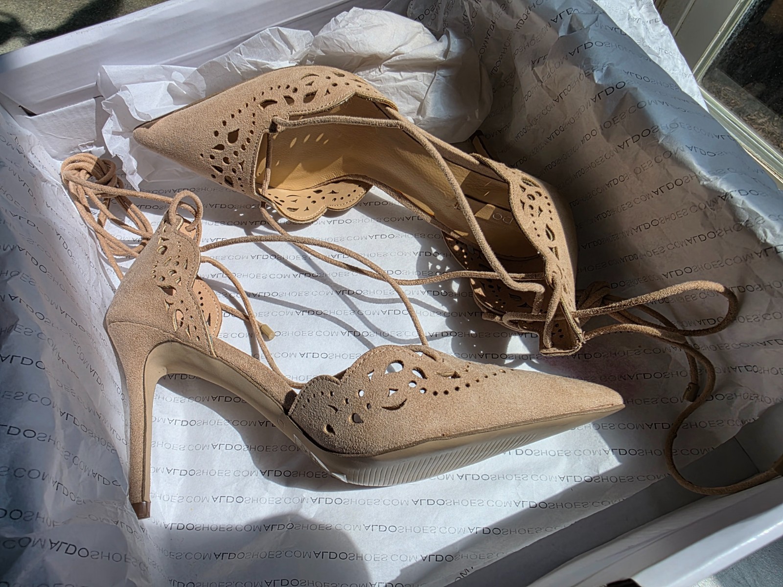 ALDO Antoinette Size 6 Nude Beige Suede Lace Up Stiletto Heels Pumps Never Worn