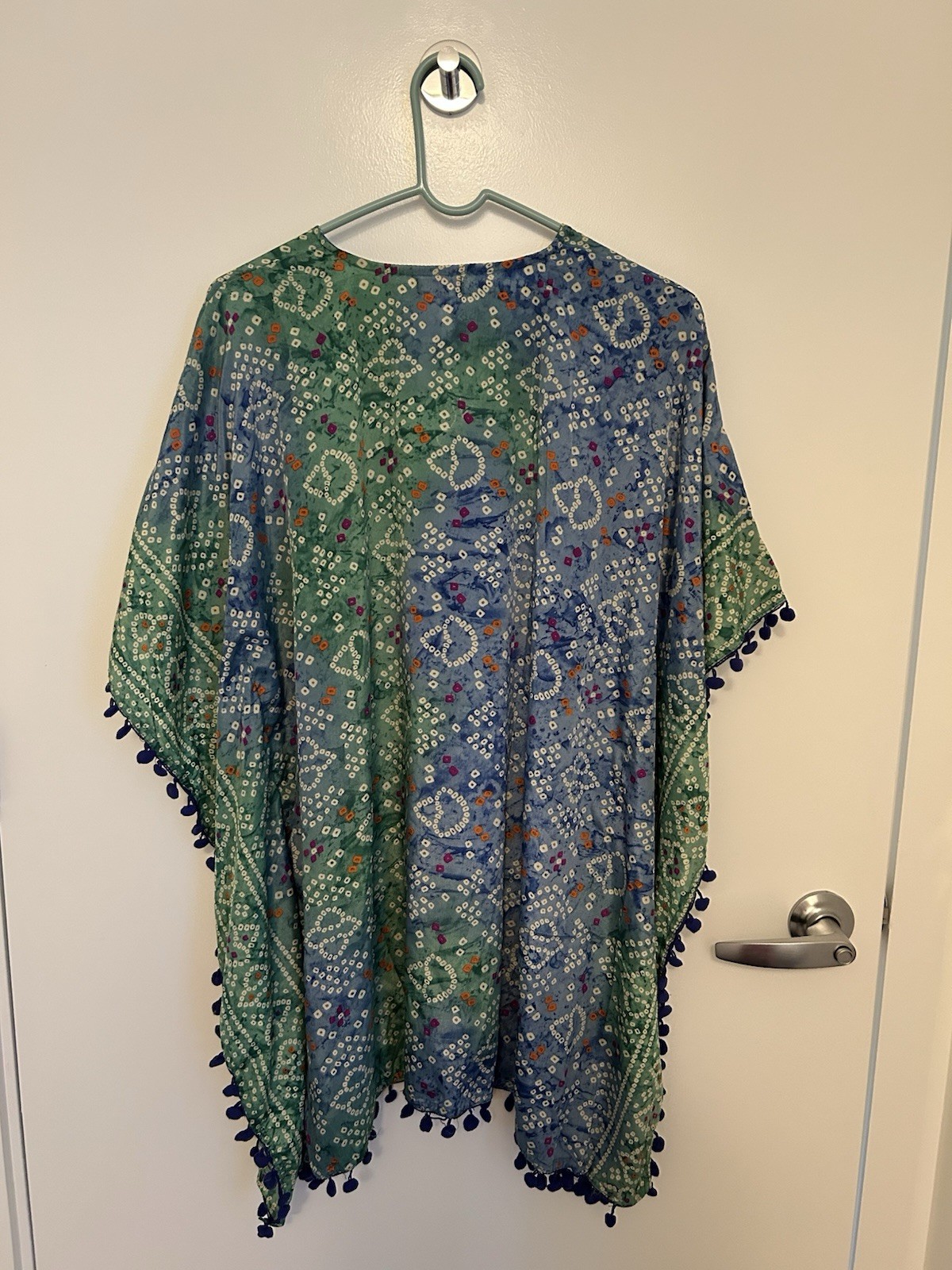 Swim Cover Up Blue And Green Printed With Tassels Pompom Design Size L