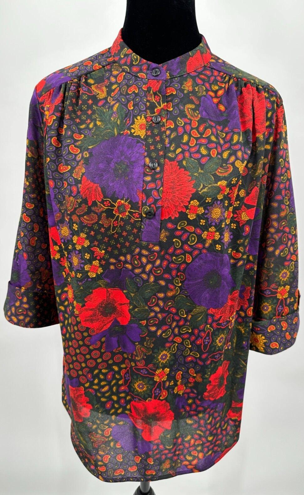 Top Notch Womens 3/4 Sleeve Blouse Size 38/18W Black Paisley Floral Retro Print