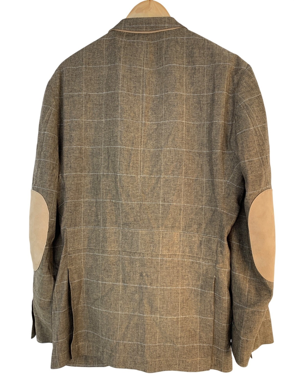 Kroon Mens Silk & Linen Window Pane Hunting Fray Blazer Size 42R Elbow Patches