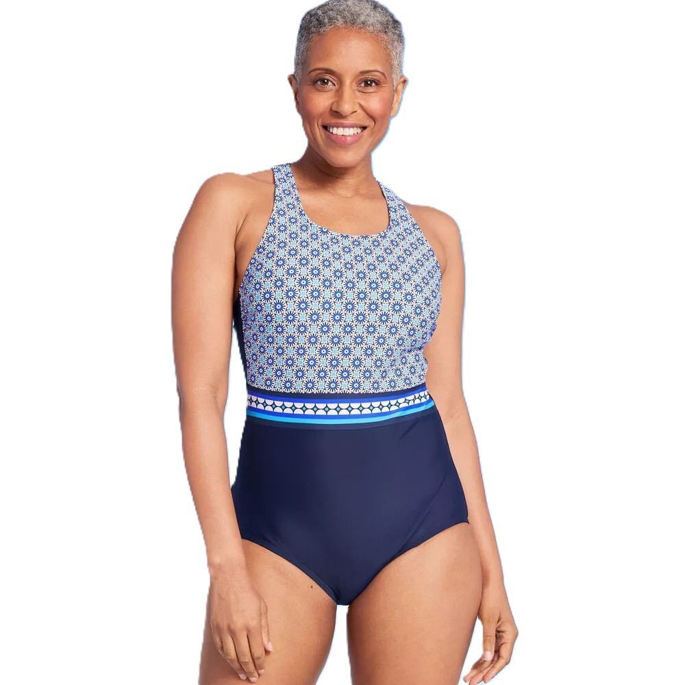 Lands’ End Size Small 6-8 Blue Geo Floral Print High Neck 1 Piece Swimsuit