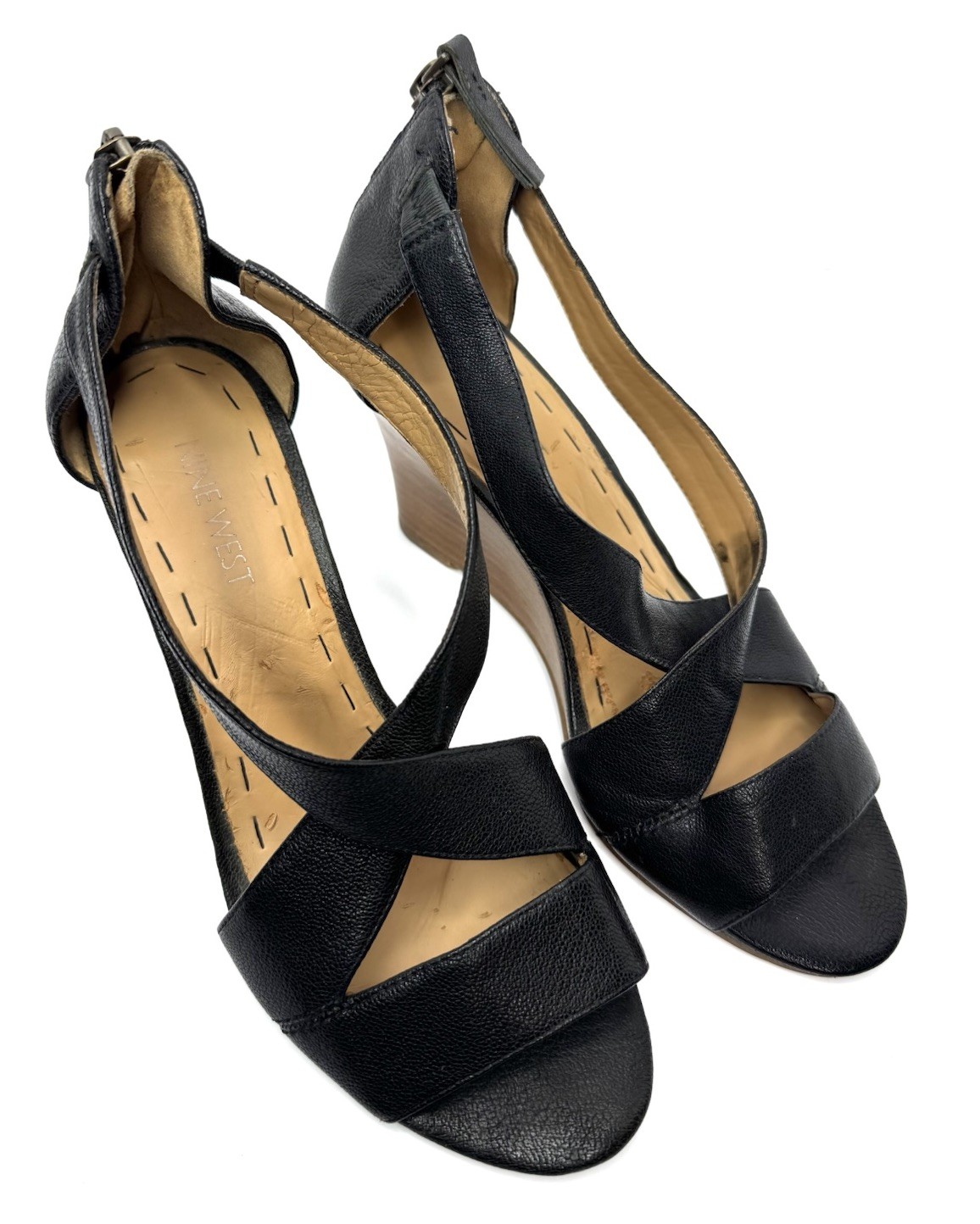Nine West Women’s Black Leather Wedge Sandals Strappy Peep Toe Size 7M