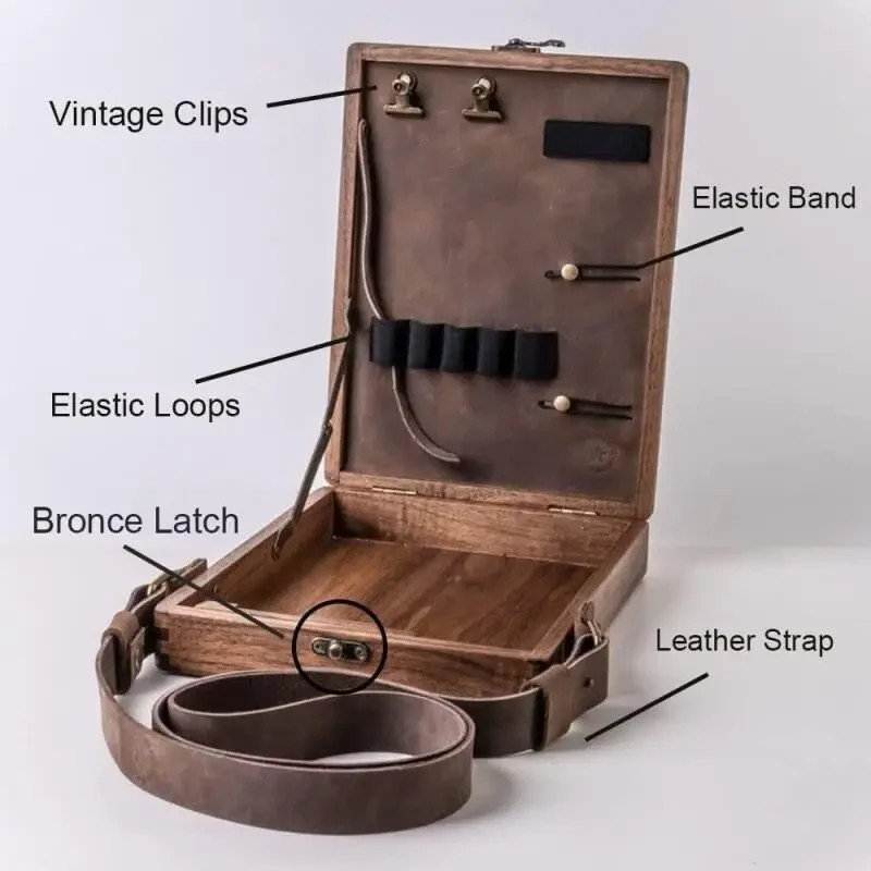 Handmade Wooden Artist Messenger Bag Brush Storage Box Deep Brown 9.65×7.48in