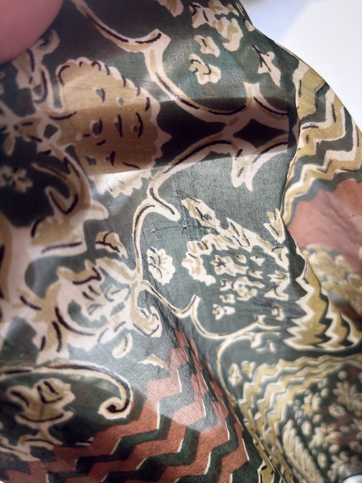 Vintage Silk Scarf Green Abstract Boho Ethnic Floral Designer Luxury Wrap, 34