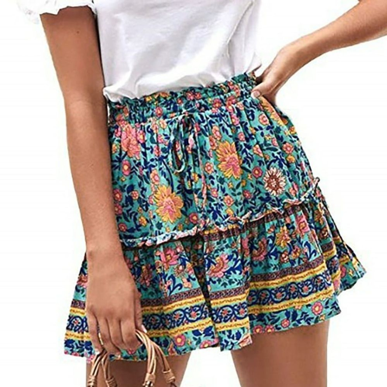 Urban Coco Floral Boho Aztec Print Pattern Circle A-Line Tiered Skirt – Size M