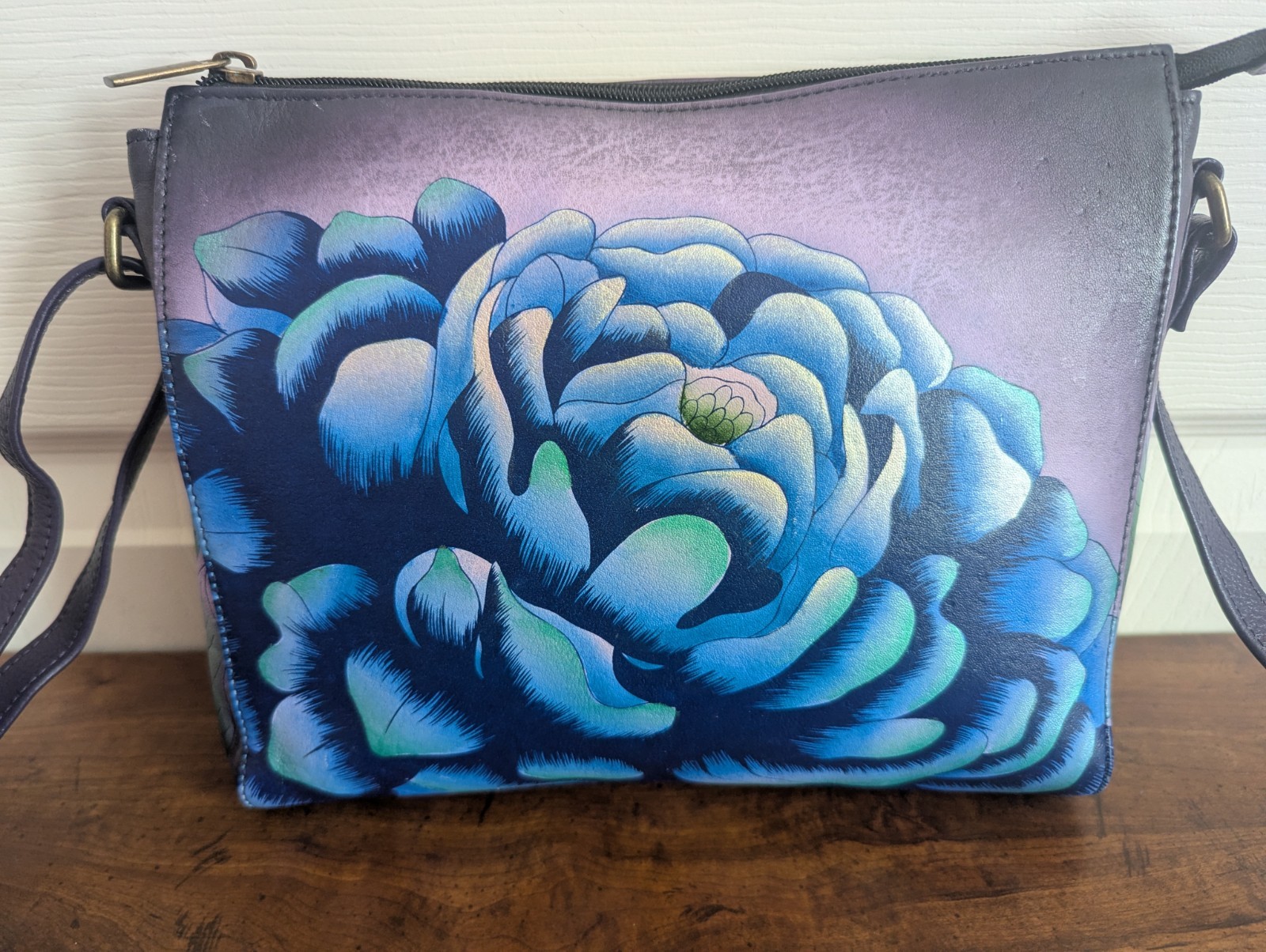 Anna Anuschka Hand Painted Medium Crossbody Purse Bag “Precious Peony Eggplant”