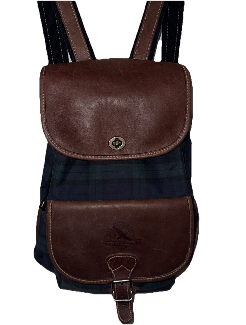 Vintage Eddie Bauer Leather Plaid Turn Lock Large Daypack Rucksack Backpack Rare