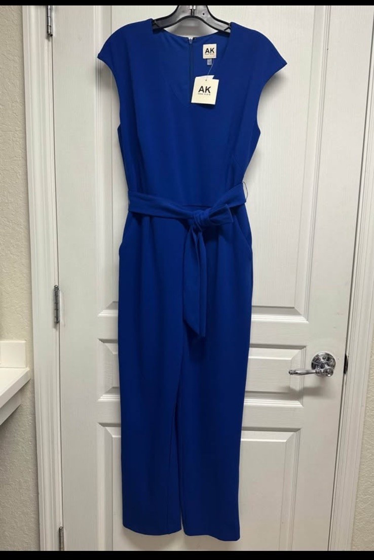AK Anne Klein Women’s Blue Solid Belted Jumpsuit Size 6 Pockets Zip