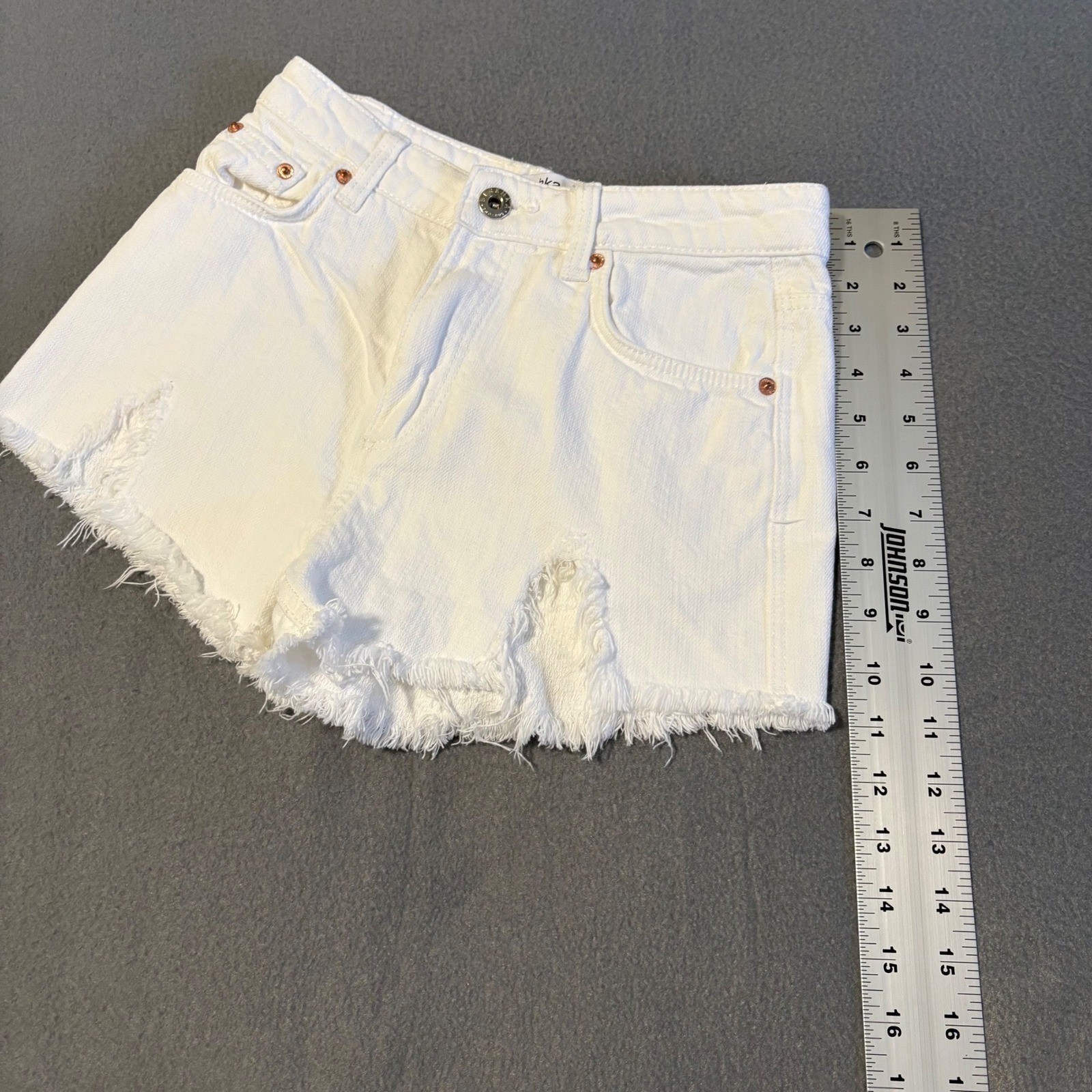 Bershka Denim Shorts Womens 00 White Distressed Frayed Raw Hem Medium Rise
