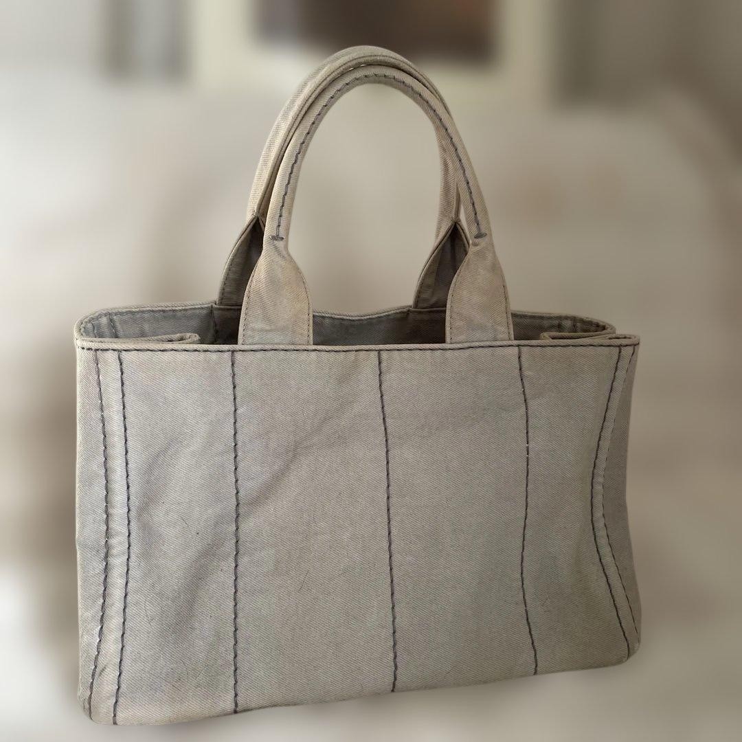 PRADA Canapa Canvas Tote Handbag Greige Triangle Logo Plate Bag Women Junk