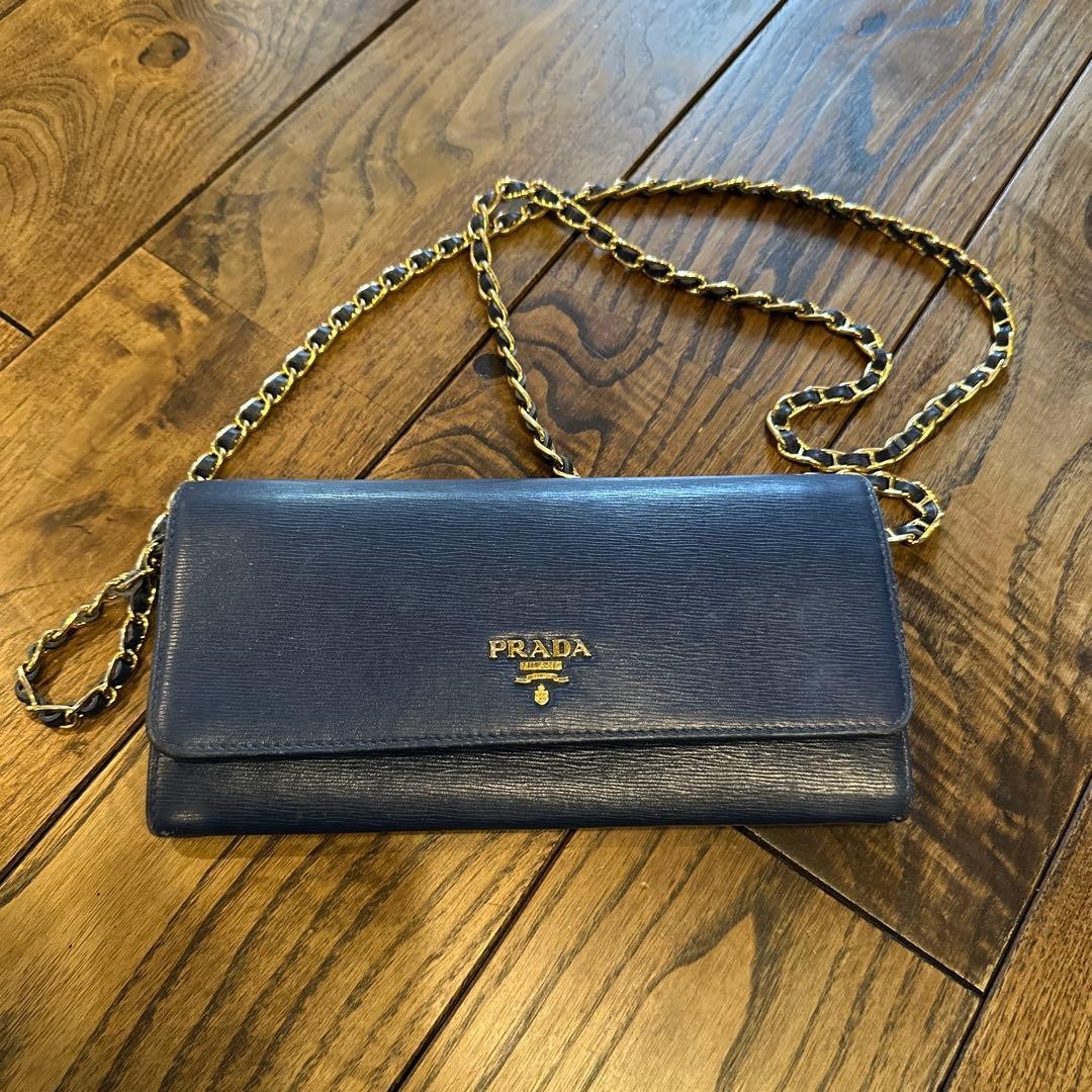Prada Saffiano Leather Chain Wallet Gold Shoulder Bag 21cm 8.3in W 10cm 3.9in H