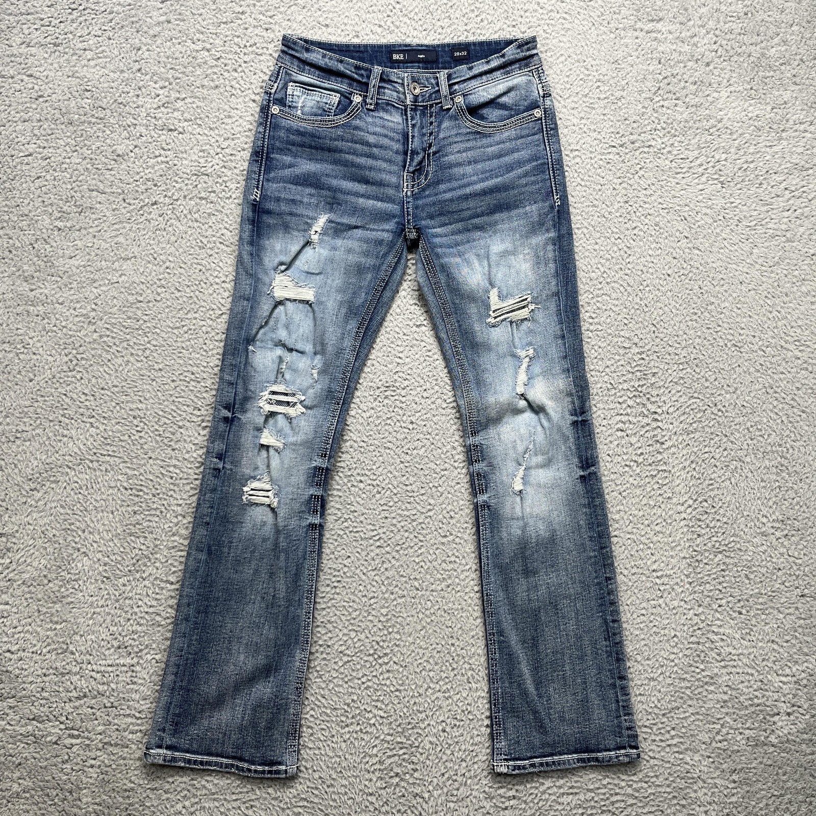 BKE Aiden Jeans Mens 29×32 Faded Wash Distressed Cover patches Straight Stretch