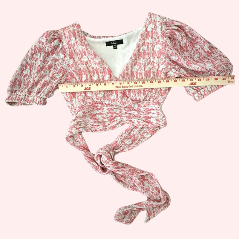 Lulus Pink Floral Puff Sleeve Wrap Crop Top Tie Waist V-Neck Size XS