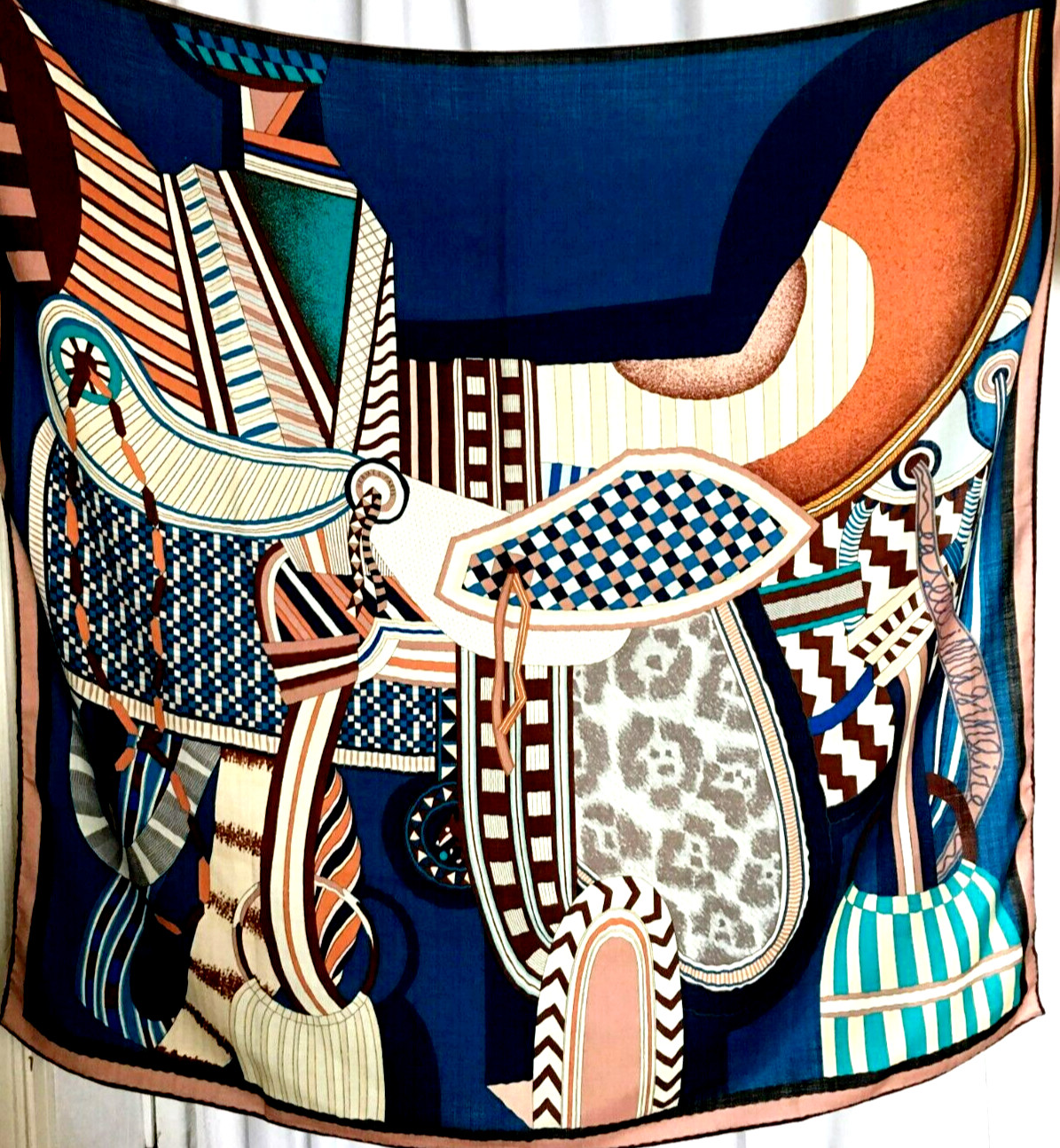 41″x41″Blue Saddle Print 70% Cashmere 30% Silk Thin Scarf Shawl 105x105cm 12-14