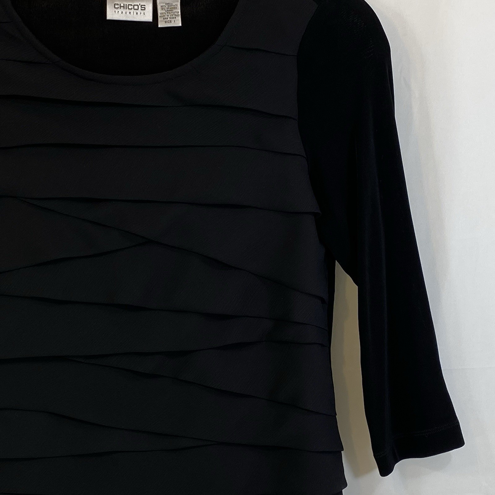 Chicos Travelers Size 1 Top Black Chiffon Layer Ruffle Front Scoop Neck Women M