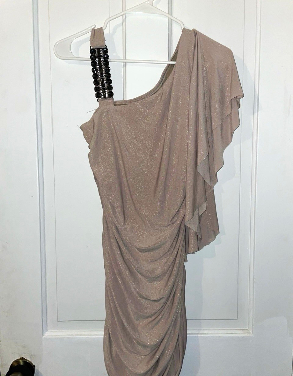 Goddess Juniors M Khaki One-Shoulder Ruched Beaded Knit Sheath Dress