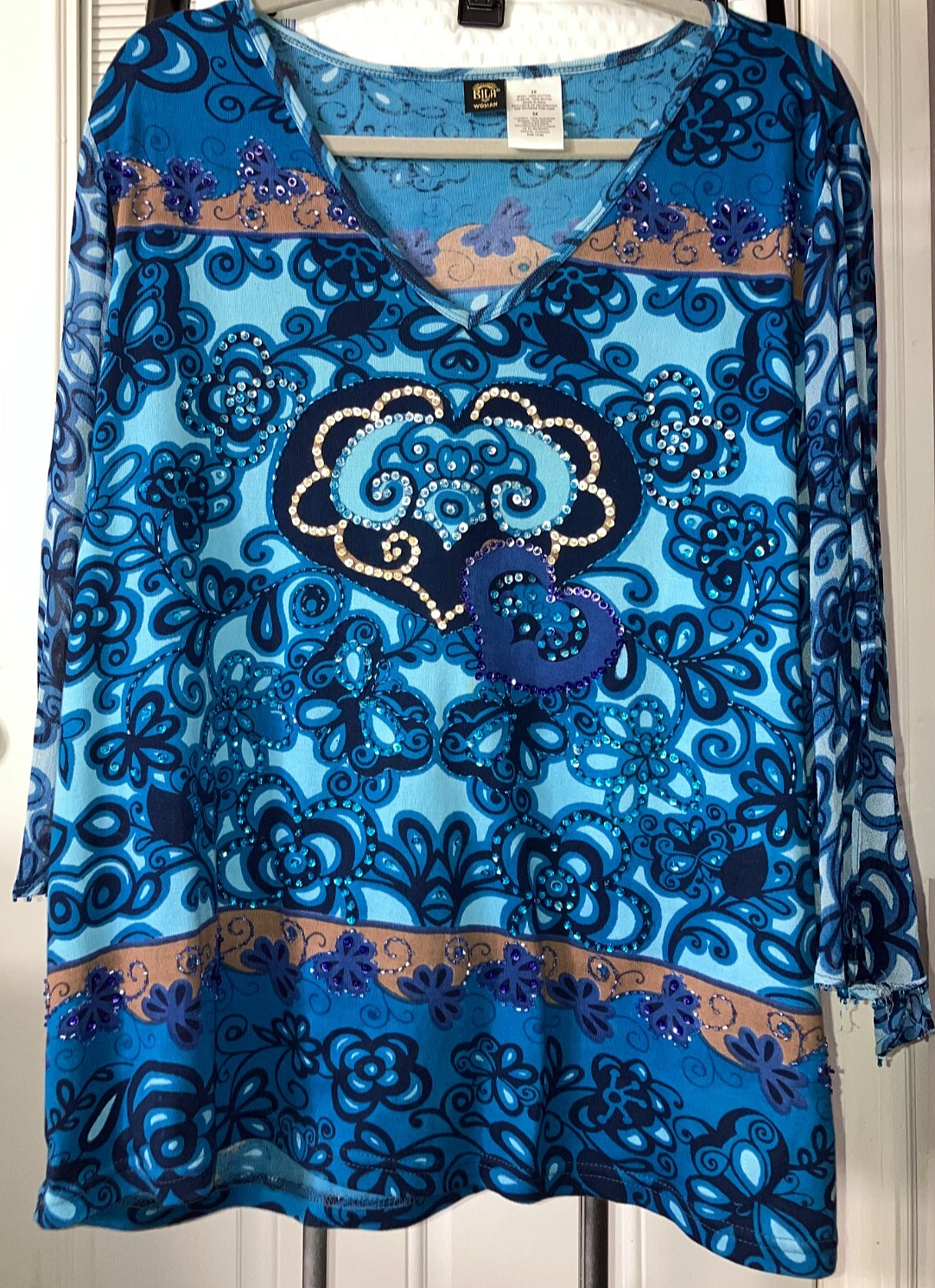 3X BILA COTTON SHADES OF BLUE EMBELLISHED SEQUINS RAYON TOP #W02