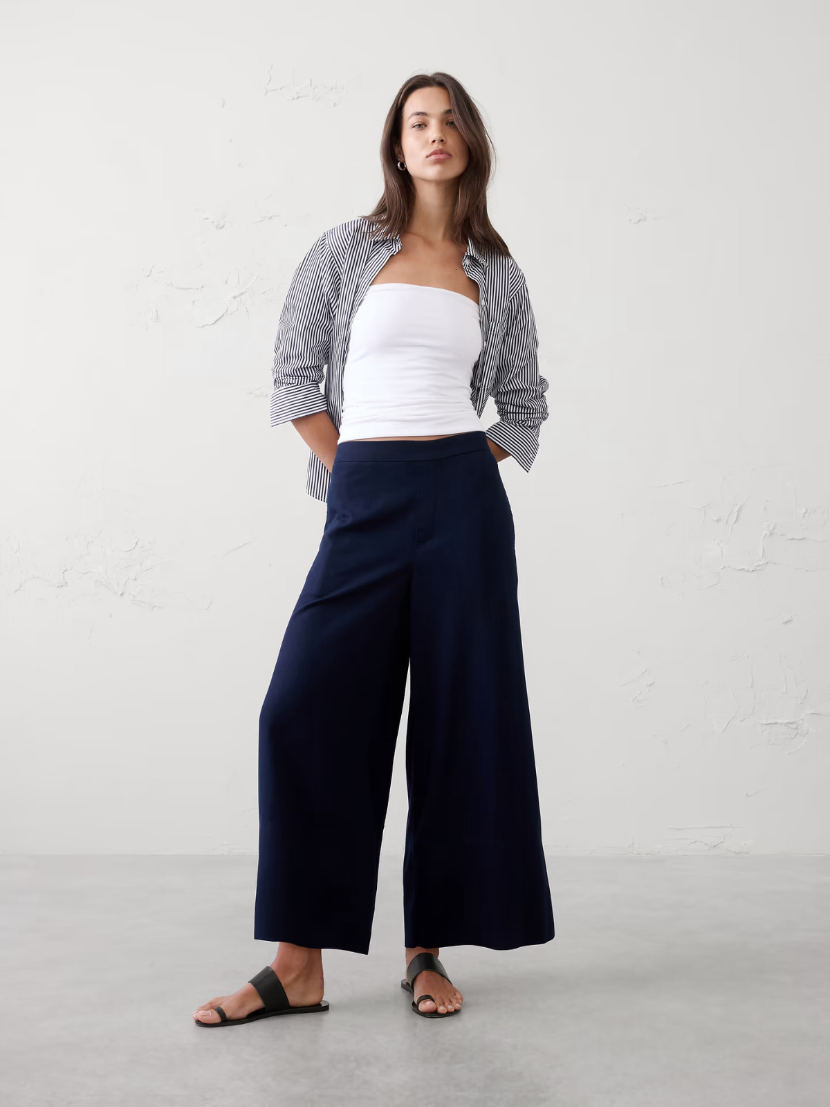 BANANA REPUBLIC NAVY ANYDAY WIDE-LEG HIGH-RISE LINEN-BLEND CROPPED PANT SZ M NEW
