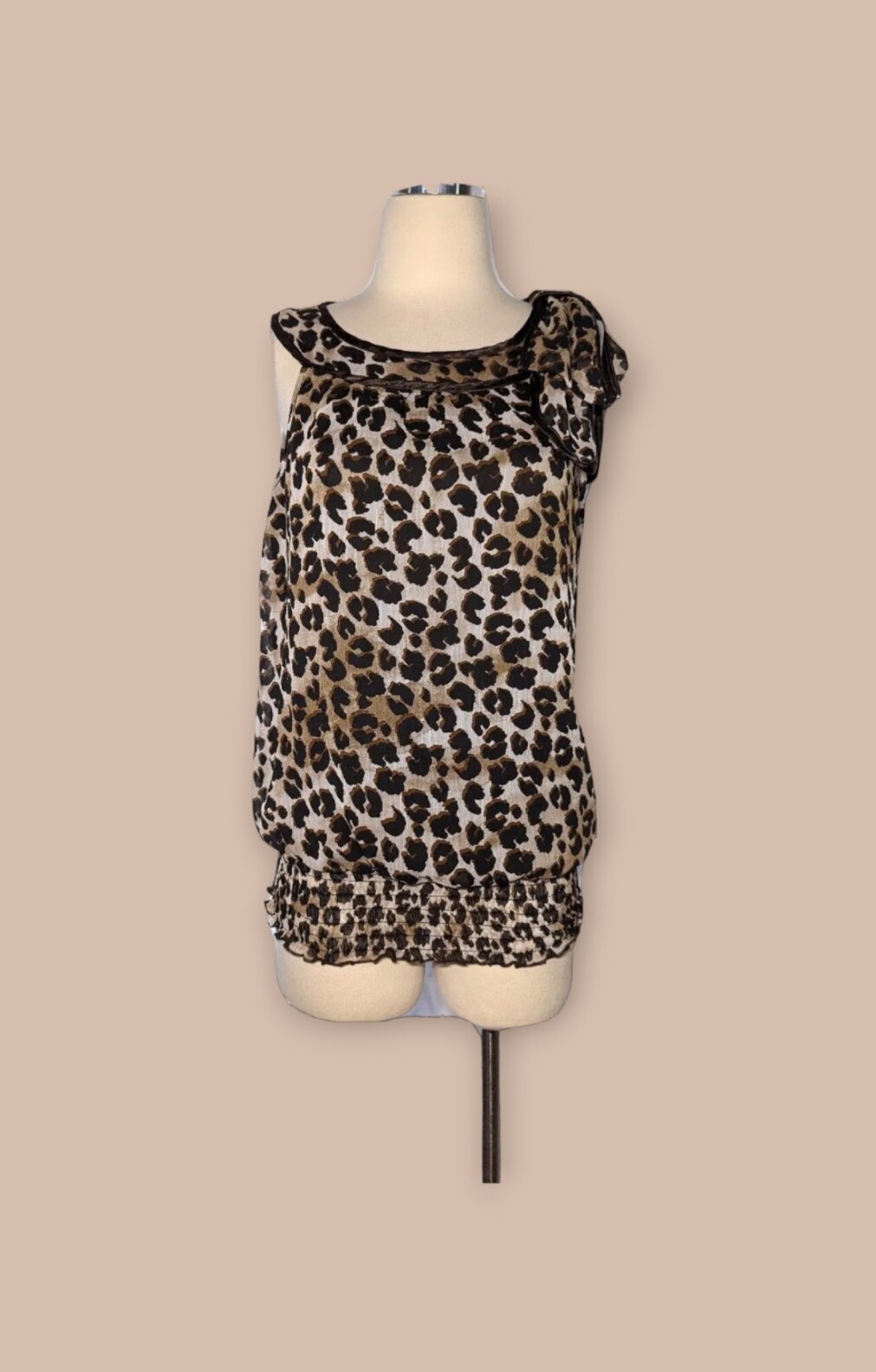 B WEAR Size XL Brown Animal Print Tank Top ELASTIC CLING Bottom Bow Accent