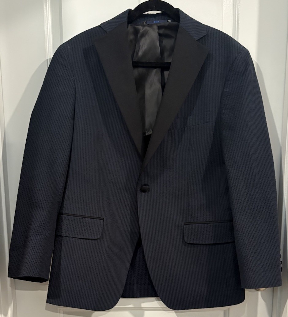 Haspel Vieux Carre Seersucker Tuxedo Jacket Blazer 40S Navy Black Peak Lapel USA