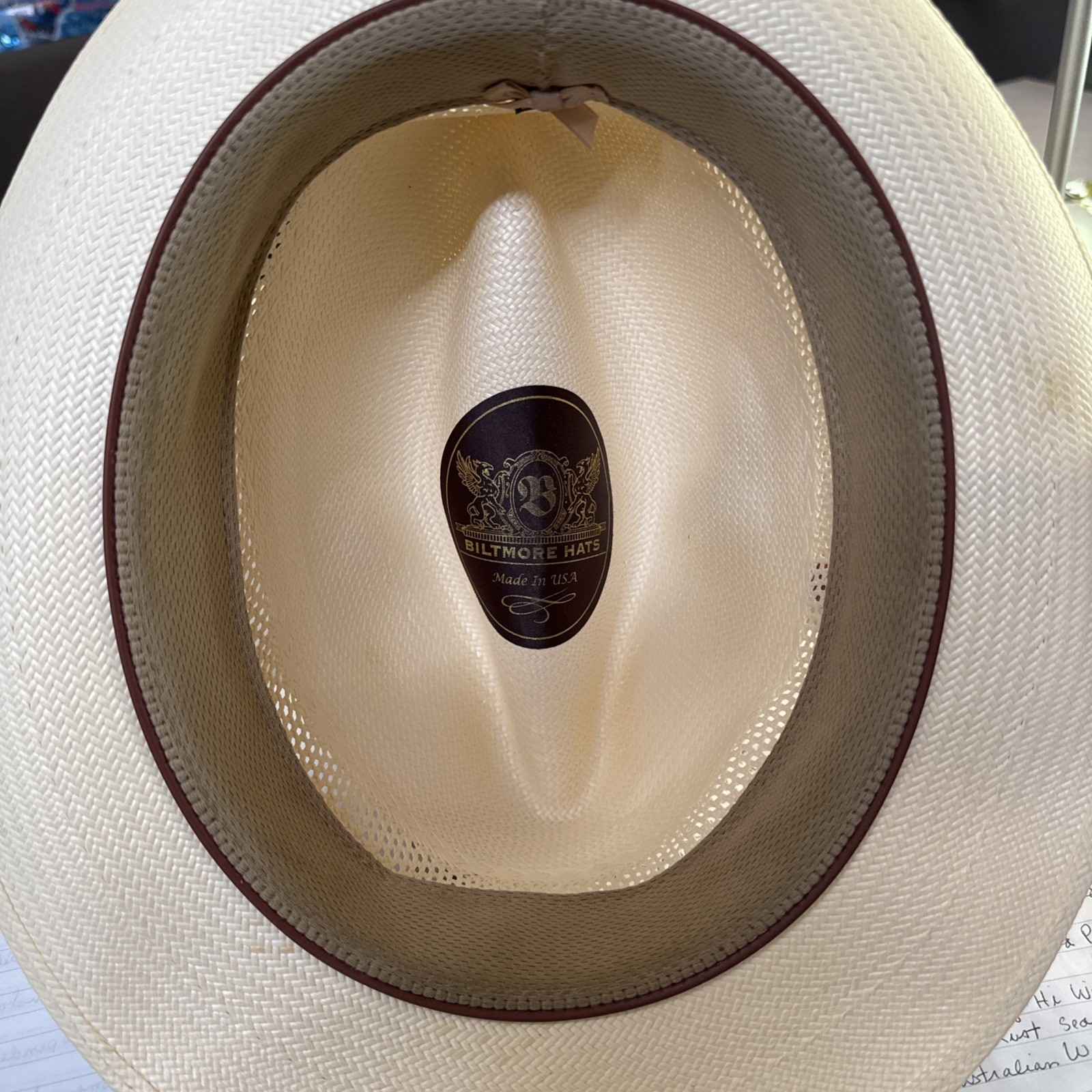 Biltmore Abby Road Straw Panama Hat M Ivory Black/Gray Band 2”Brim Vented
